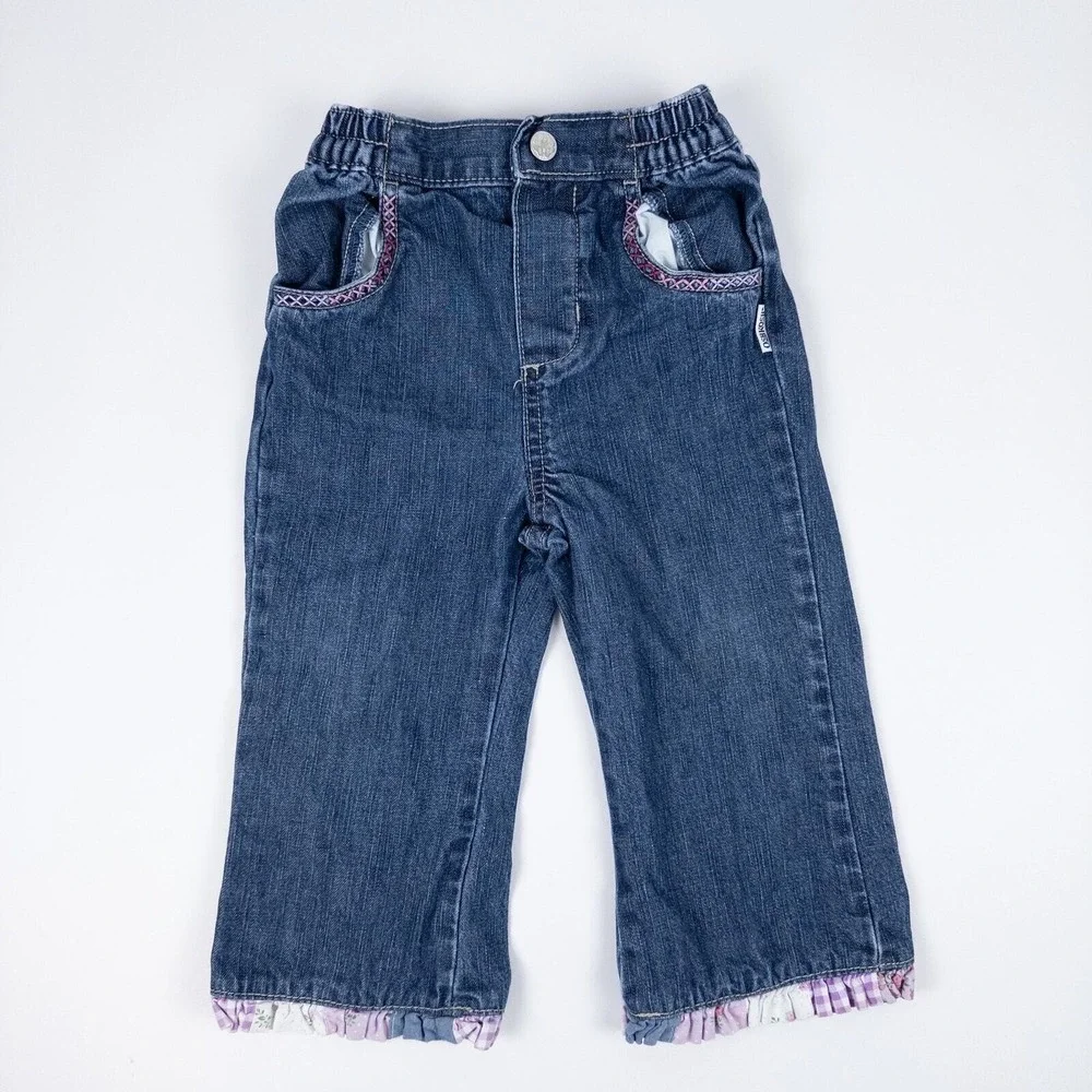 Vintage OshKosh Denim Jeans Y2K Blue Floral Ruffle Hem Baby Girls 18 Months